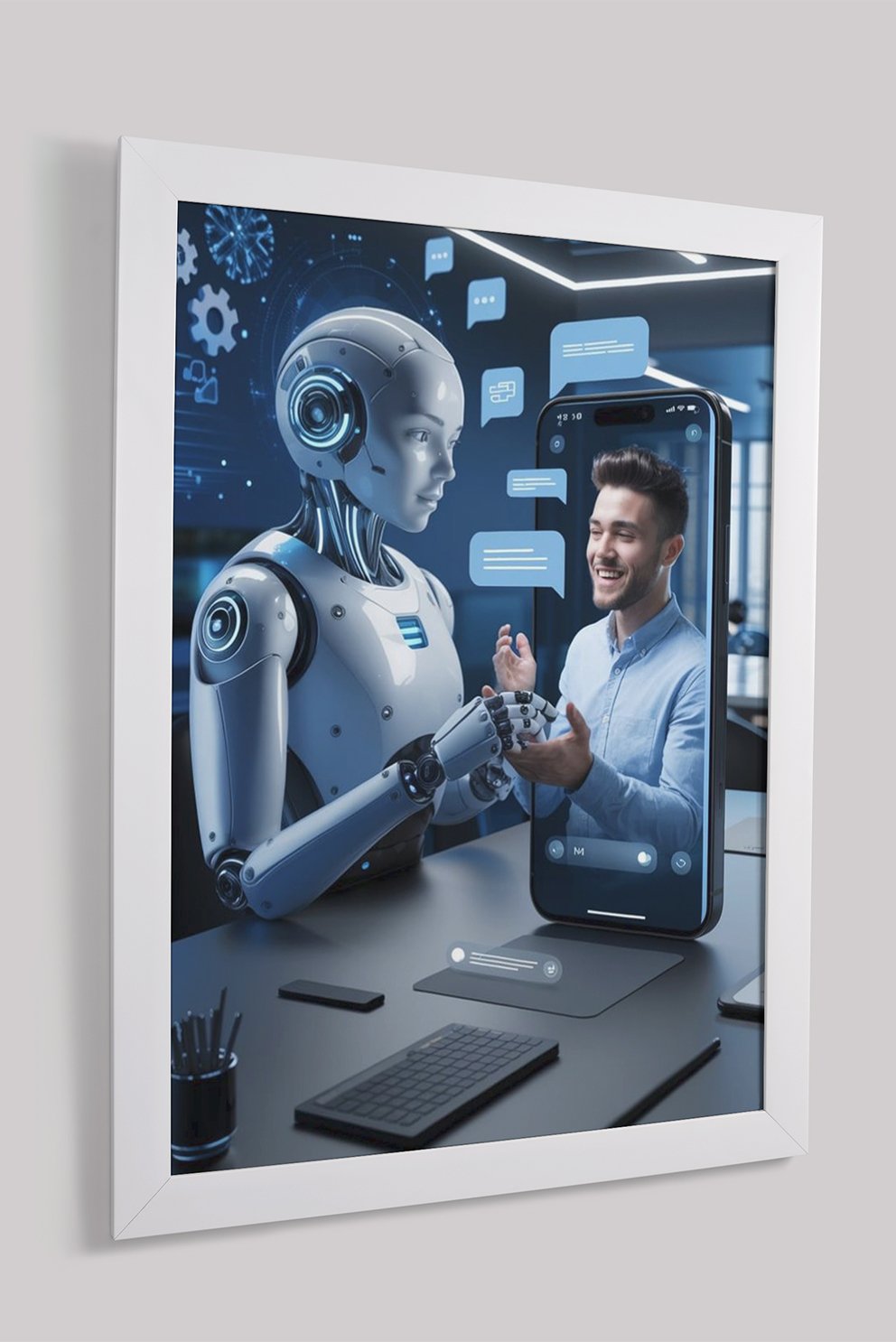 Futuristic AI robot shaking hands with a man through a phone.